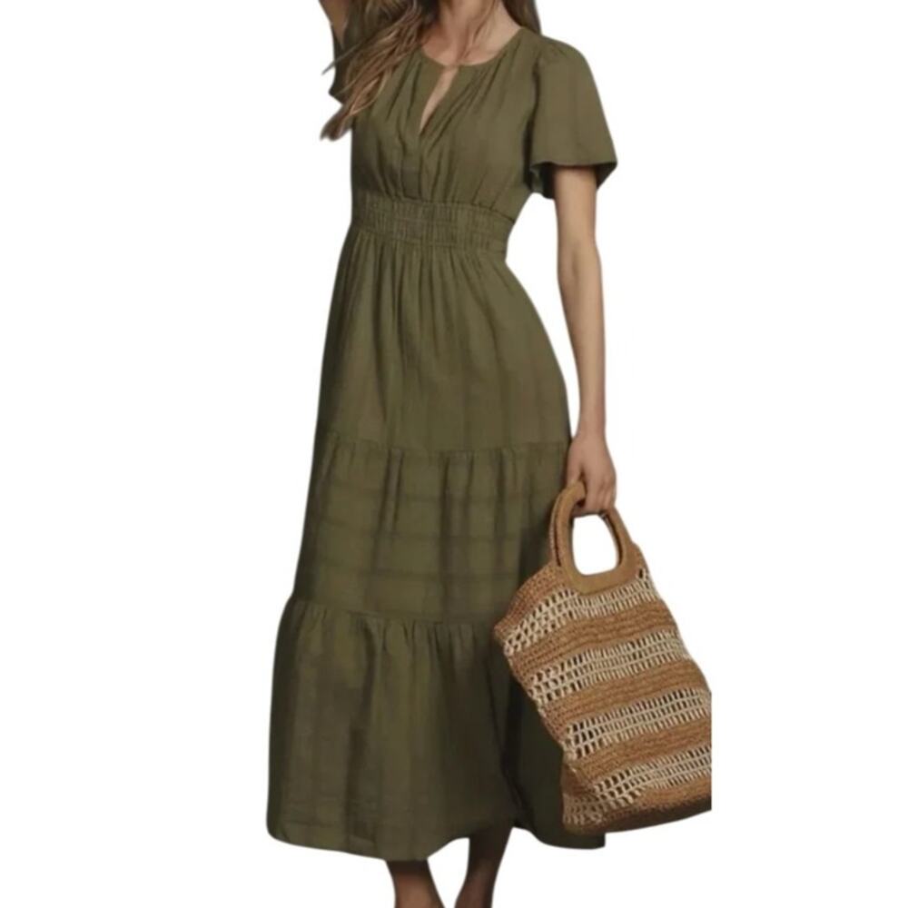 Anthropologie Moss Green Somerset Tiered V Neck Cotton Maxi Dress - Picture 2 of 11